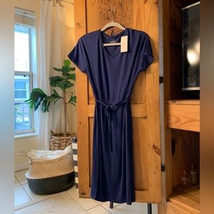 NWT Navy blue, below the knee, belted dress.  Size S.